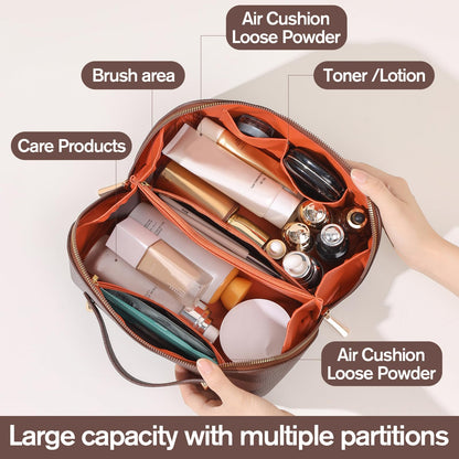 Cuteseason PU Leather Makeup Bag for Women, Structured Makeup Case with Wide Opening, Travel Cosmetic Bag with Compartments and Handle, Water-Resistant Makeup Organizer(Brown, Lychee Grain)