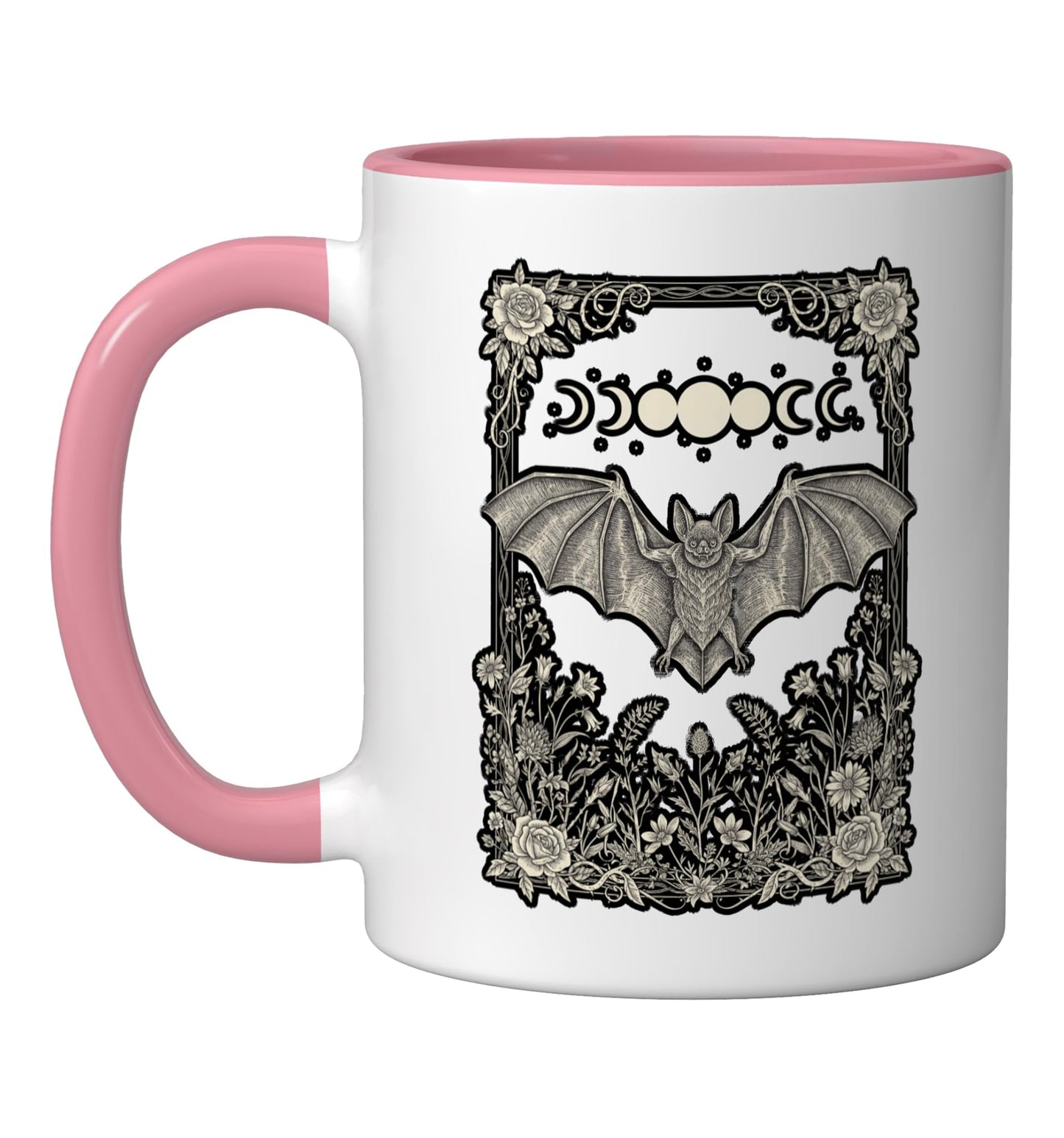 Halloween Bat Moon Phases Vintage Engraving Gothic FloralArt Ceramic Mug, Pink/White