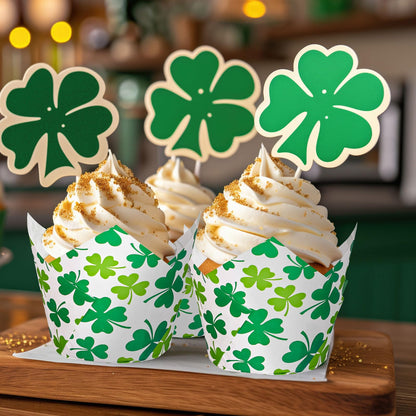 FYSUIMU 200Pcs St. Patrick's Day Tulip Cupcake Liners Green Shamrock Muffin Baking Cups Clover Cupcake Wrappers for Spring Irish Holiday Party Supplies
