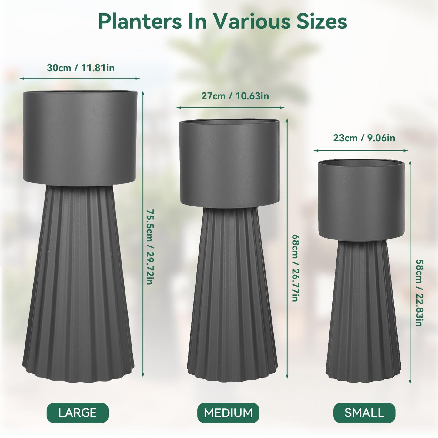 EVLIQUIL Tall Planters, Modern Iron Flower Pots Set of 3, Large Decor Plant Pots, Indoor & Outdoor for Porches, Patios and Courtyards