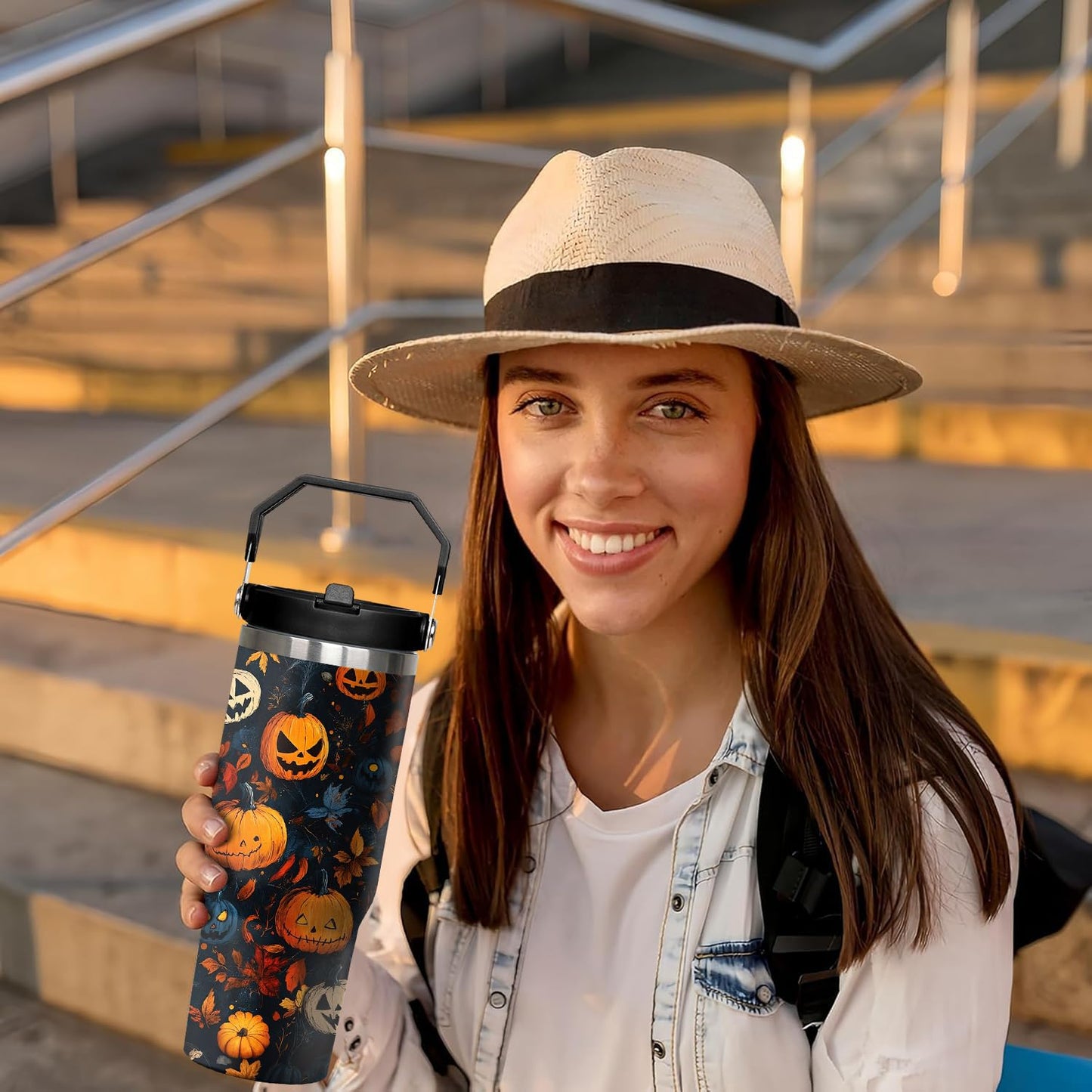 30 oz Halloween Pumpkin Tumbler with Handle and Flip Straw, Horror Scary Maple Leaves Spooky Coffee Mug Water Bottle Stainless Steel Cup, Birthday Gifts