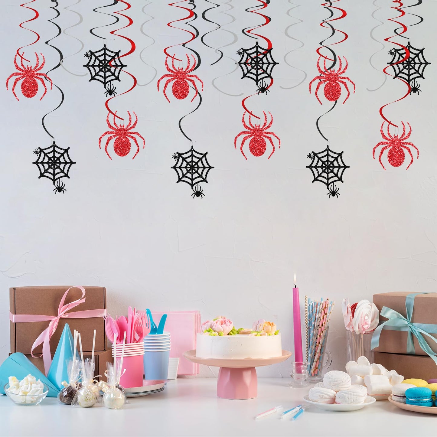 Spider Hanging Swirls, Halloween Hanging Decoration, Spider Web Foil Ceilling Decor for Birthday, Spooky Halloween Party Favors - Black Glitter