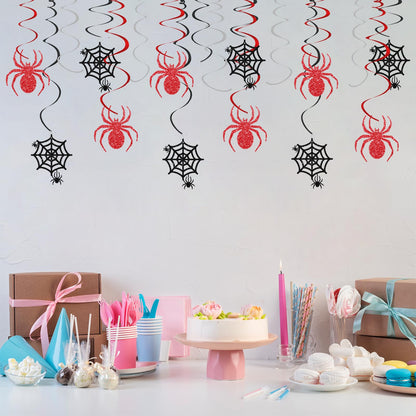 Spider Hanging Swirls, Halloween Hanging Decoration, Spider Web Foil Ceilling Decor for Birthday, Spooky Halloween Party Favors - Black Glitter