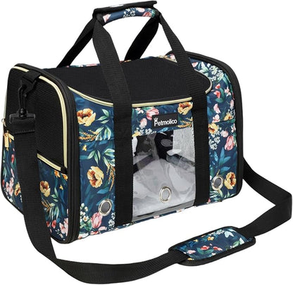 Petmolico Cat Carrier Soft-Sided Pet Bag for Small Medium Cats Puppies 16LBs - Airline Approved Pet Travel Carrier 3 Open Doors (Medium,Green Peony)