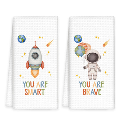 OINDADE Space Kids Hand Towels Set of 2, Space Nursery Decor Hand Towels, Inspirational You are Smart Brave Dish Towel Tea Towel for Kitchen, Astronaut Boys Kids Nursery Bathroom Decor,16x24In