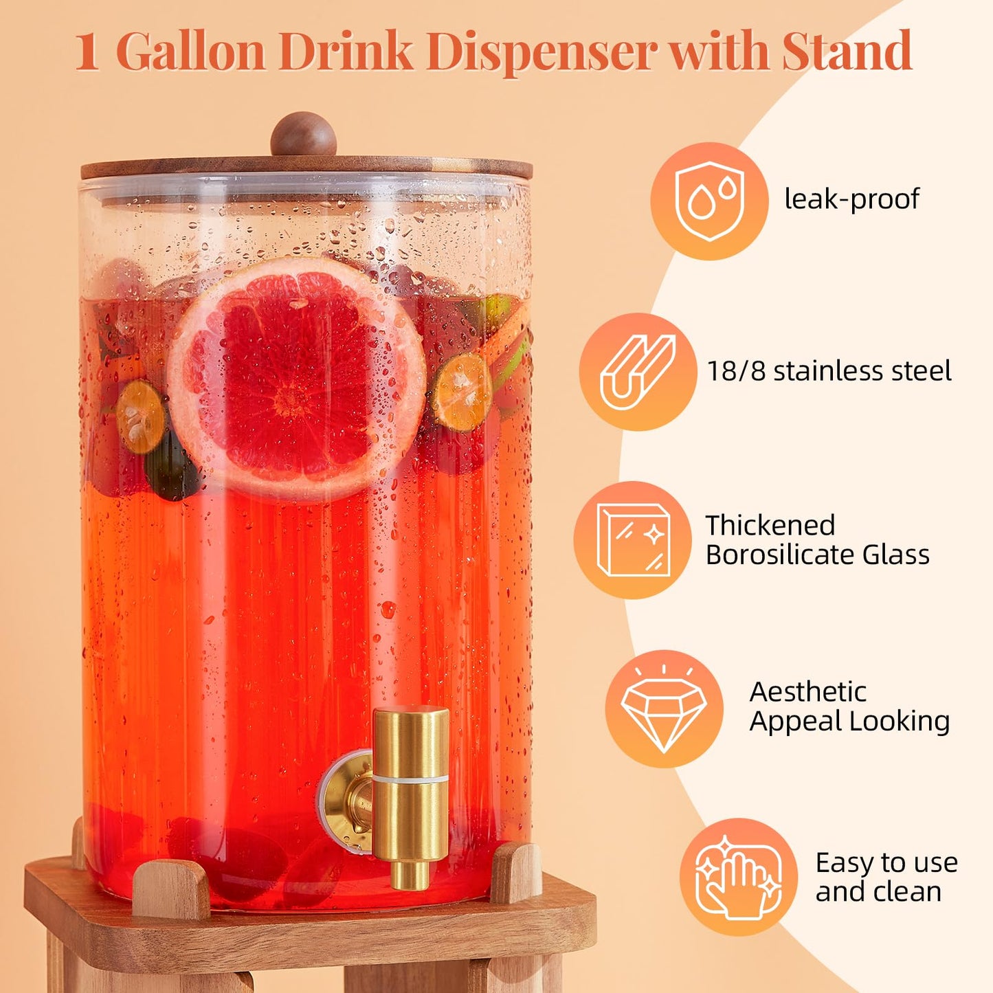 1 Gallon Glass Drink Dispensers: Beverage Dispenser For Parties With Wood Stand, Large Water Drink Dispensers With Stainless Steel Spigot, Ideal for Lemonade,Juice, Tea, and Party Drinks