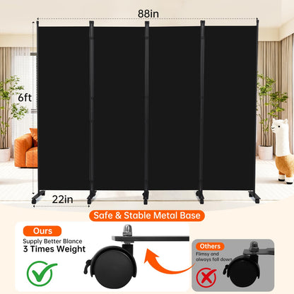 Room Divider 88''W Wall Divider for Room Partition (Heavy Duty Base) 4 Panel Partition Room Dividers, Freestanding Room Divider Screen Separation W/Wheels Folding Privacy Screen Panel Space Separator