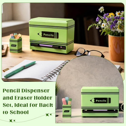 Gueevin 2pcs Pencil Dispenser for Classroom, Fun Desk Organizer with Eraser Holder, Interactive Pencil Storage for Teachers, Students & Homeschool Desk Organizer, Back to School Supplies(Green)
