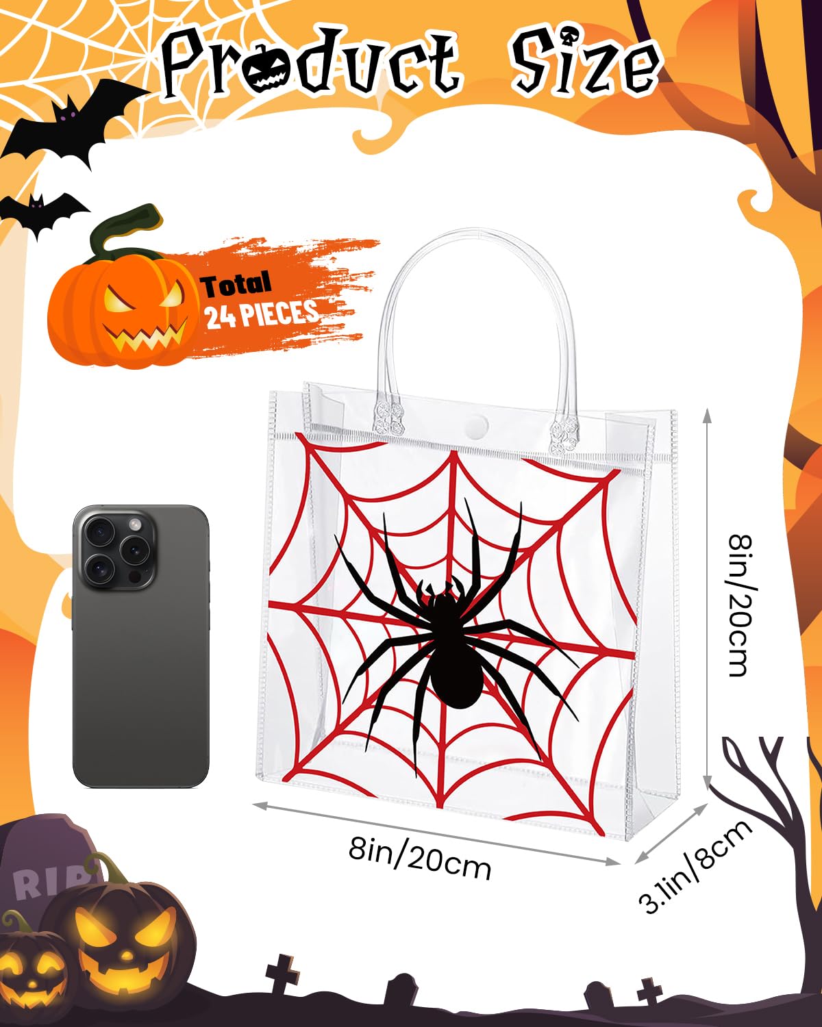 Liobelon 24 Pieces Spider Party Favor Gift Bags Spider Clear PVC Gift Bags with Handles 8 x 8 x 3.2inches Transparent Treat Snack Bag for Birthday Insect Theme Gothic Style Party