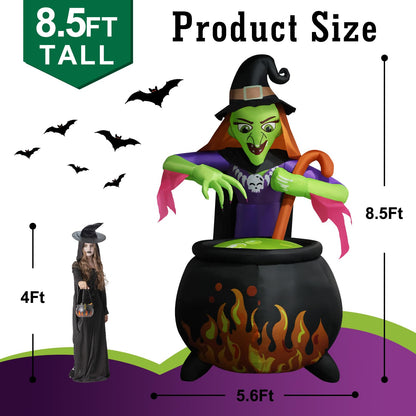 8.5Ft Tall Giant Halloween Inflatables Witch Cauldron Decorations, Scary Blow Up Yard Decor Build-in 5 Led Lights for Outdoor Party Lawn Garden