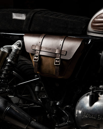 Trip Machine Company Wingman Leather Side Panel Bag for Royal Enfield Interceptor & Continental GT 650 – 3.5L Motorcycle Tool & Storage Bag with Raincover (Brown, Left Side)