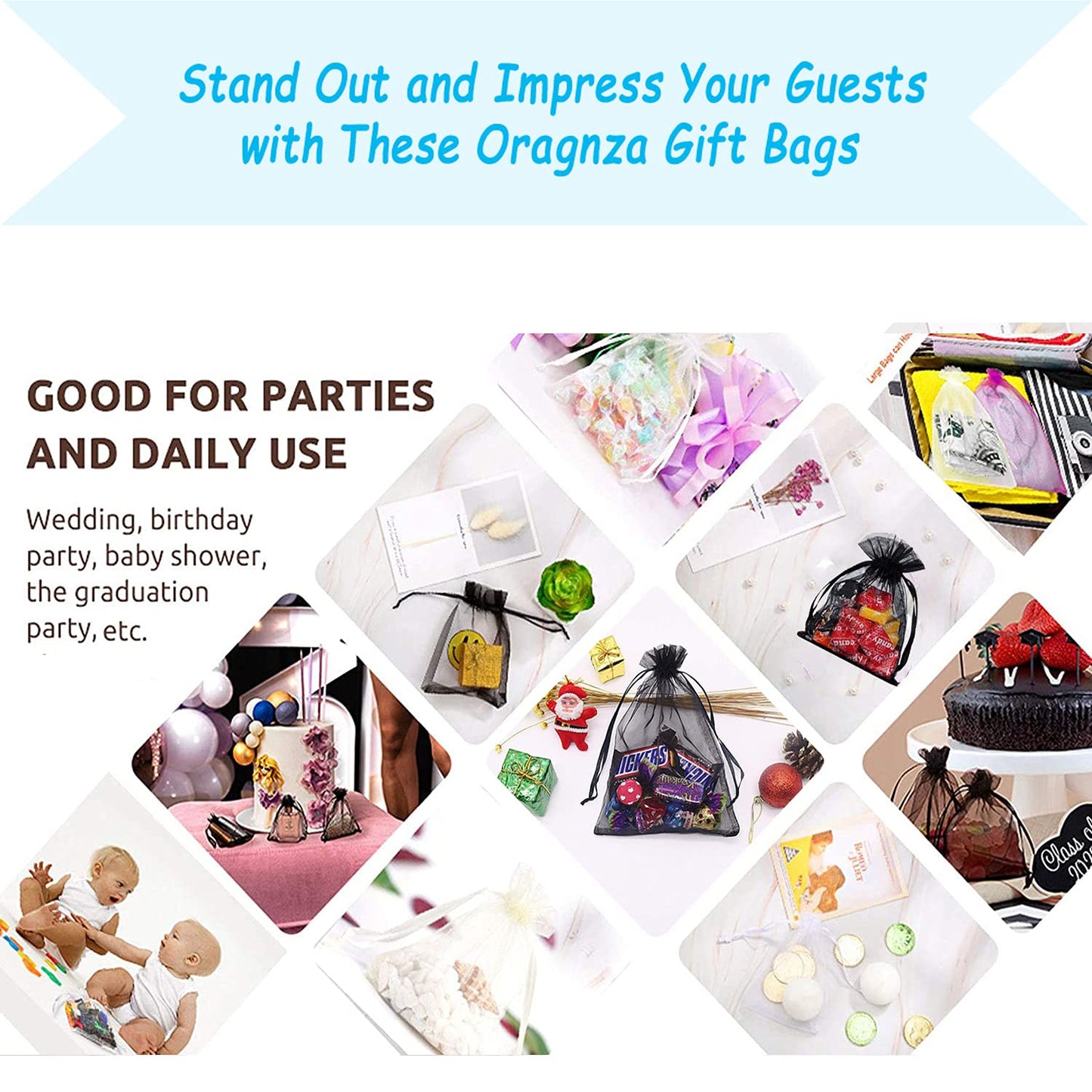 Bezall 100Pcs Black Organza Bags 3.5x4.5 Inch, Small Mesh Bags Drawstring Jewelry Candy Pouches Funeral Halloween Party Favor Bag
