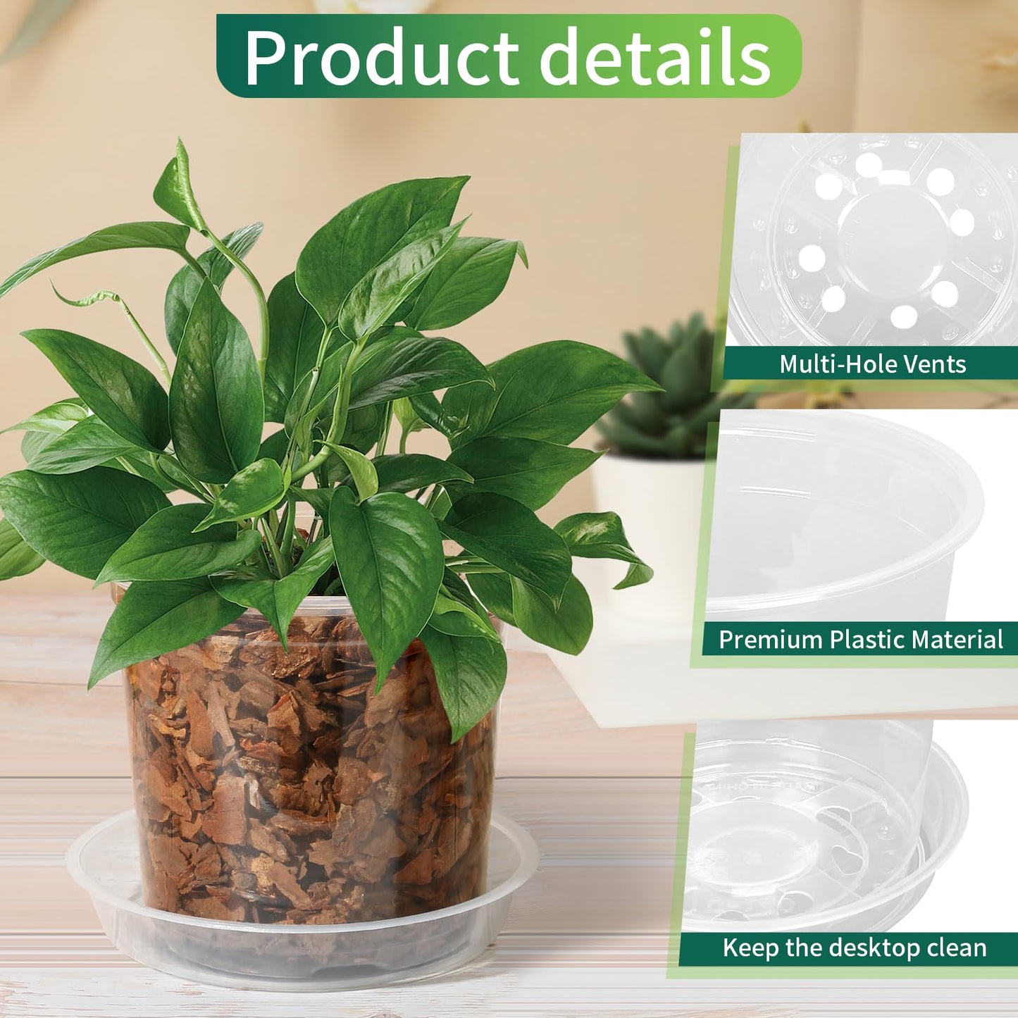 HQAUT 24 Pack 7/6/5 Inch Clear Nursery Pots with Drainage and Saucers, Clear Plastic Plant Pots for Plants, Seed Starting Pots