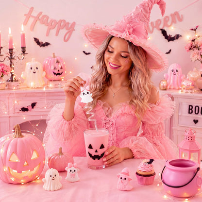 Acellegic 24 Pcs Halloween Reusable Plastic Straws Bulk Pink White Ghost Glitter Plastic Straws Cute Cartoon Ghost Decoration for Adults Halloween Party Supplies Birthday Party Favors
