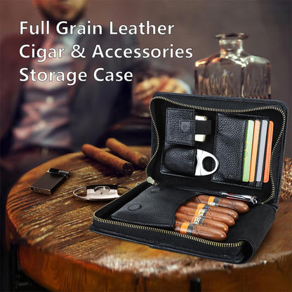 CONTACTS Full Grain Leather Cigar Case Travel Cigars Humidor Box Accessories Organizer with Cigar Cutter Lighter Pocket for 5 Pcs Cigars (Black)