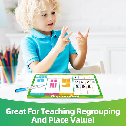 Laffunz 12 PCS Place Value Chart Dry Erase Flash Cards, Addition and Subtraction Learning Math Games for Kids, Base Ten Board Math Manipulatives 1st 2nd 3rd Grade Teacher Classroom Must Haves