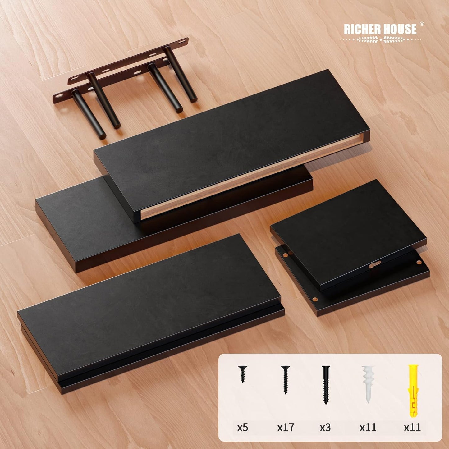 RICHER HOUSE Black Floating Shelves Set of 3, Modern Bathroom Shelves Wall Mounted Shelves for Wall Decor, Over Toilet Black Wall Shelves for Bathroom Bedroom, Living Room, Kitchen
