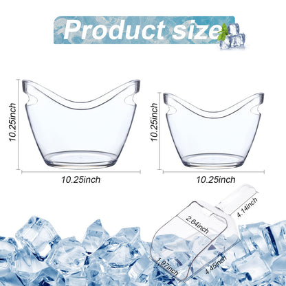 Mwellewm Beverage Tubs for Parties Plastic Ice Bucket for Cocktail Bar Clear Acrylic Wine Bucket with Scoops Drink Bucket Cooler for Chiller Bin for Champagne or Beer (8 L, 4 L)