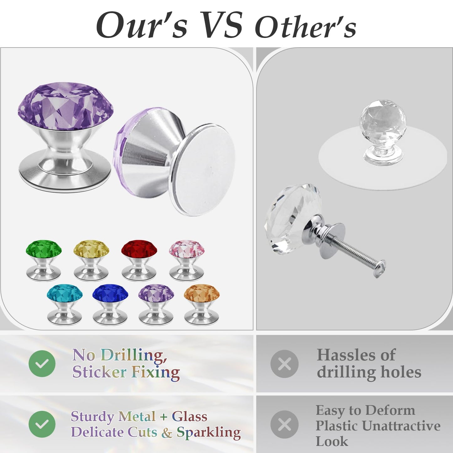 CcHhyyt 4 Pcs Crystal Adhesive Knobs Stick On Cabinet Handle Purple K9 Crystal Pulls Peel and Stick Dresser Pulls for Mirror Cabinet Drill Free Knobs for Glass Sliding Doors Fish Tank Lid Terrarium