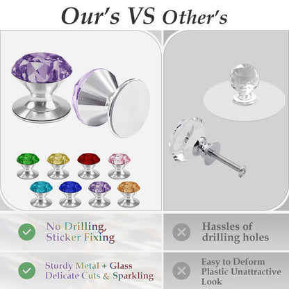CcHhyyt 4 Pcs Crystal Adhesive Knobs Stick On Cabinet Handle Purple K9 Crystal Pulls Peel and Stick Dresser Pulls for Mirror Cabinet Drill Free Knobs for Glass Sliding Doors Fish Tank Lid Terrarium
