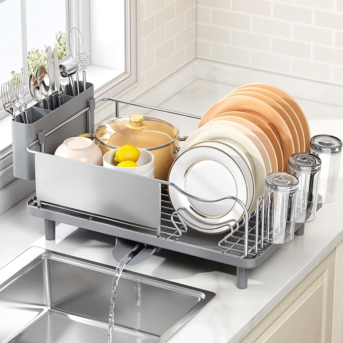 Stainless Steel Dish Drying Rack - Large Capacity Dish Rack for Kitchen Counter with Drain Board, Rustproof Dish Drainer with Auto Drain Spout Utensil Holder Glass Holder, Dinnerware Organizer, Gray
