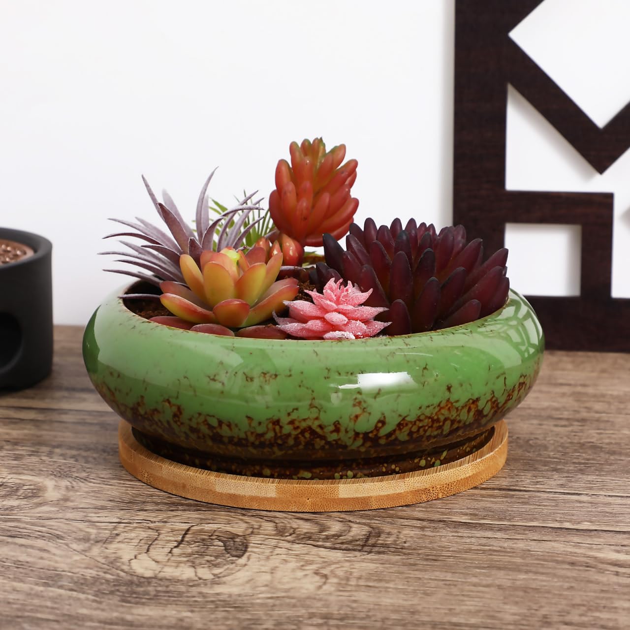 NOLITOY 7 Inch Ceramic Succulent Planter Bowl with Drainage Hole and Tray, Green Round Shallow Flower Pot for Indoor Cactus Arrangements and Office Desk Decor