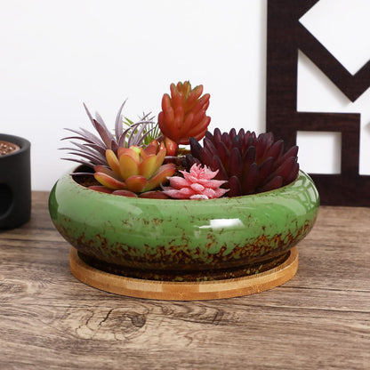 NOLITOY 7 Inch Ceramic Succulent Planter Bowl with Drainage Hole and Tray, Green Round Shallow Flower Pot for Indoor Cactus Arrangements and Office Desk Decor