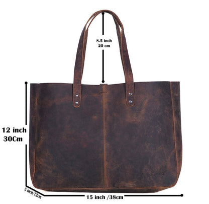 KomalC Leather Tote Bag for Women Purse Satchel Travel Bag shopping Carry Messenger Multipurpose Handbag (15 INCH, Buffalo Distressed Tan)