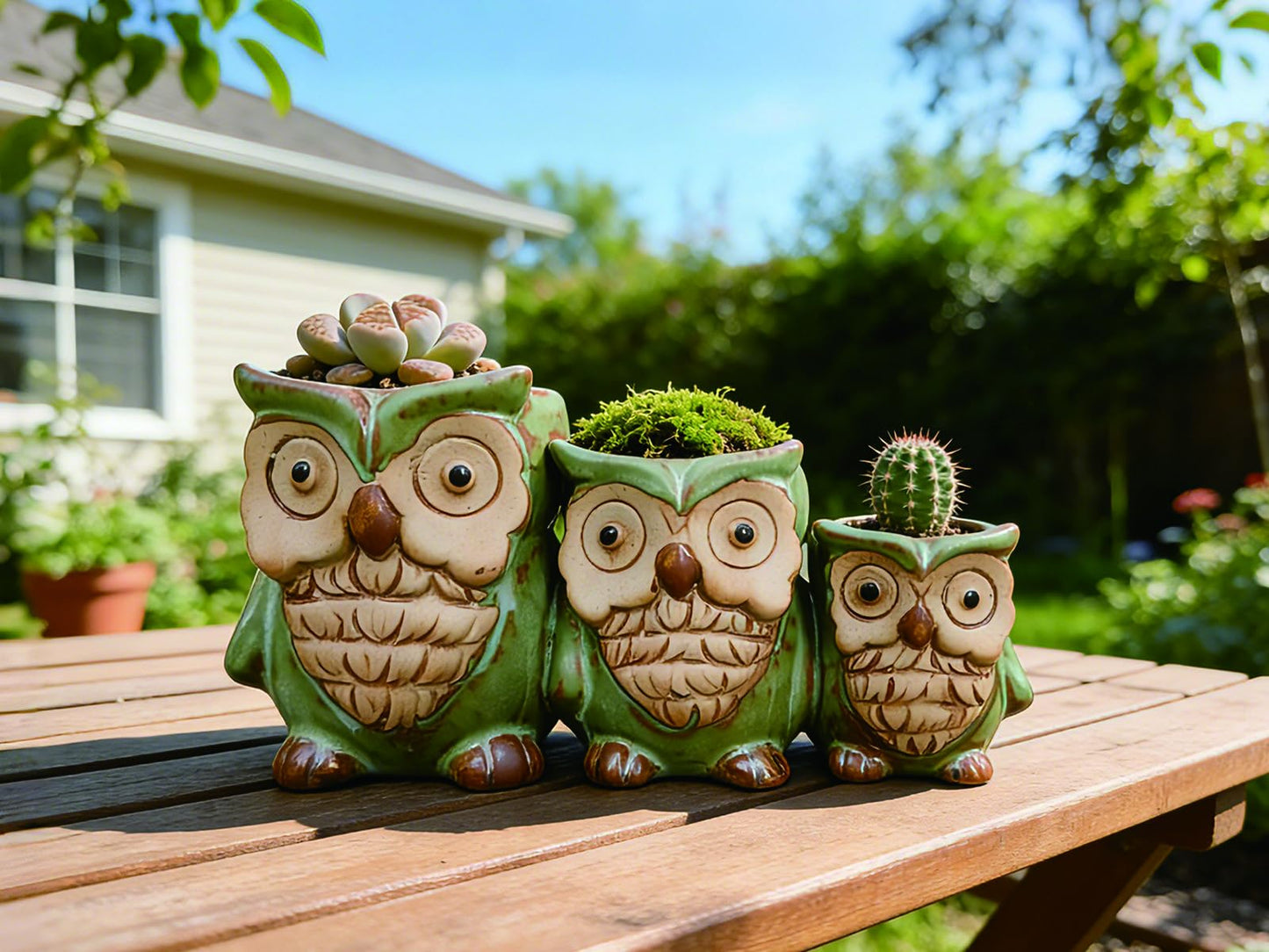 Giafiny Cute Owl Planter, Small Funny Succulent Pots, Unique Decorative Animal Statue Ceramics Plant Pot for Indoor/Outdoor Home Office with Drainage, Owl Gifts for Women Mother Teacher, Three Owls