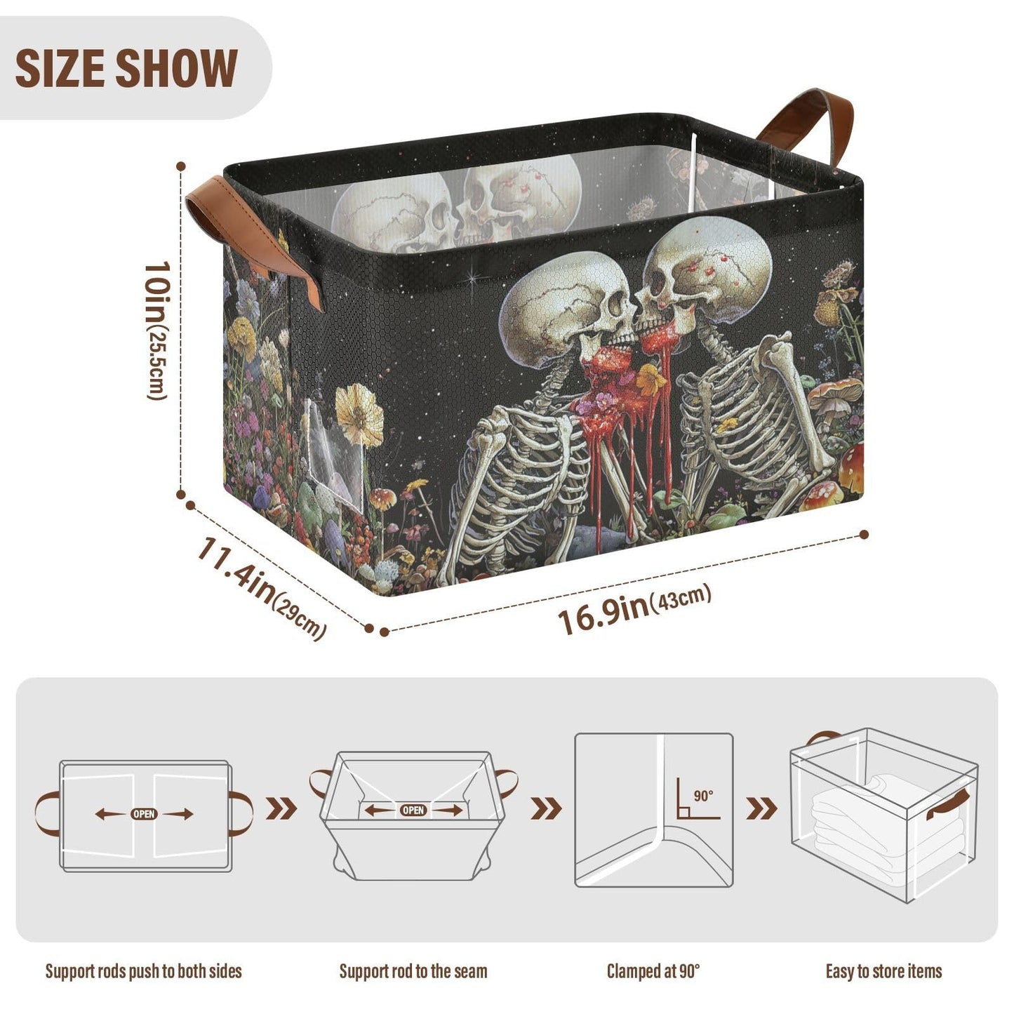 Black Skeleton Gothic Storage Bins for Shelves with Labels&Handles Halloween Organizer Bin Foldable Rectangle Storage Basket Black Goth Skull Boxes for Closet, Bathroom, Home, Living Room, Laundry
