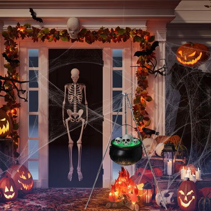 WinnerWhy 11 Pcs Large Witches Cauldron Halloween Decor Set Cauldron on Tripod with Spider Webs Fake Fire String Lights Skulls for Halloween Indoor and Outdoor Party Supplies
