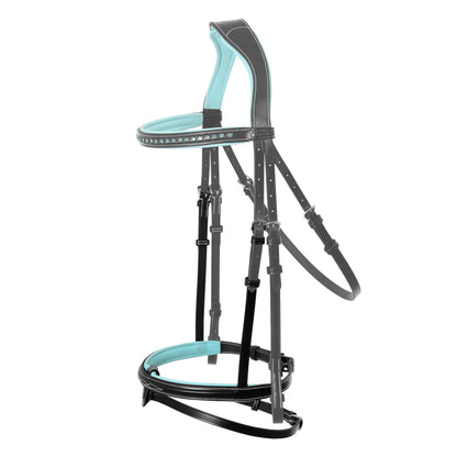 ExionPro Anatomical English Horse Bridle with Blue Crystal Bling Browband- Baby Blue Padded Jumping Bridle with Flash Noseband & Rubber Reins- Comfort Crown - Black or Havana Brown - Full