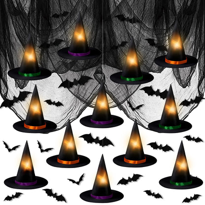 Halloween Hanging Witch Hats Decorations - 12PCS Black Witch Hats with Lights DIY Floating Witch Hats with 28PCS 3D Bats and Creepy Cloth for Halloween Porch Tree Party Decorations
