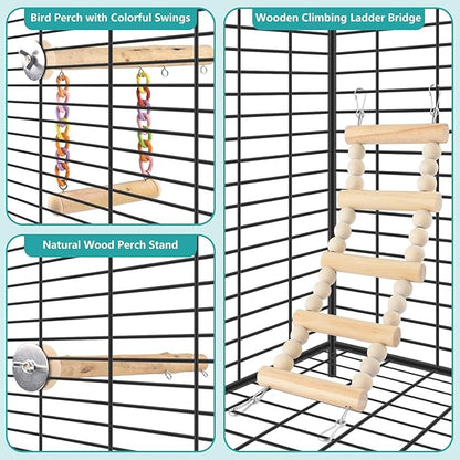 DBNESS Bird Perches Ladder with Swing, Natural Wood Parrot Climbing Bridge Perch Toys, Exercise Play Stand Parakeet Cage Accessories for Budgie Cockatiel Green-Cheeked Conure Caique