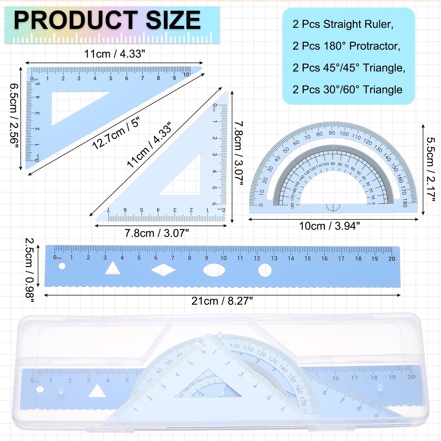 PATIKIL Geometry Set, 2 Pack 8 Inch Aluminum Ruler & 4 Triangles, Metal Protractor Ruler Math Drafting Measuring Tool for Home Office Math Drawing Engineering Art,Gradient Blue