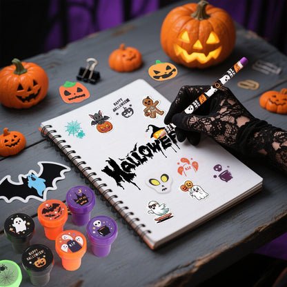 134Pcs Halloween Party Favors Gift Trick or Treat Container, Giant Lollipop with Gift Cards Pencils Stickers Erasers Stampers Bags Ribbons for Classroom School Exchange Party Favors