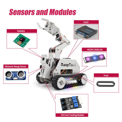 Adeept RaspTank Metal Smart Car Kit for Raspberry Pi 5/4B/3B/3B+(Board Not Included), Tank Tracked Robot with 4-DOF Robotic Arm, OpenCV, Obstacle Avoidance, Line Tracking, with Digital Tutorials