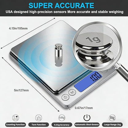 Digital Gram Scale 1000g/0.01g, Scale for Food Ounces and Grams, Upgrade USB Charging Kitchen Scale Digital Weight for Cooking, Baking, Tare Function, 9 Units, 2 Tray