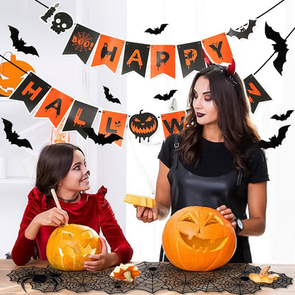 Indoor/Outdoor Halloween Decor Set - Mantel Scarf, Spider Table Runner, 3D Bats & Spiders, Happy Halloween Banner