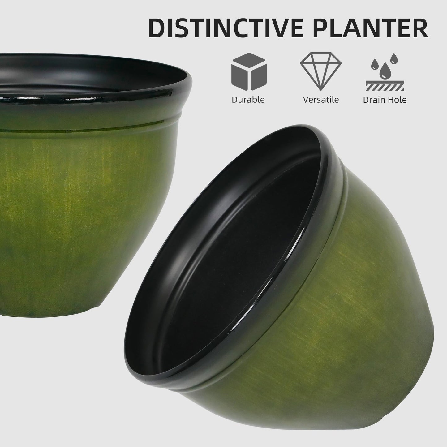 Worth Garden 16-Inch Dia. Round Green Plastic Planters with Drain Holes, 13.5-Inch Height - 2-Pack Glossy Finish Bell-Shaped Plant Pot – Lightweight Indoor/Outdoor Flower Pots