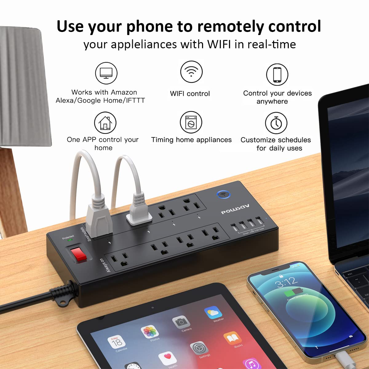 6 Ft WiFi Surge Protector - 8 Outlet Extension Cord with 4 Smart & 4 Always On Outlets, 4 USB Ports, Alexa & Google Home Compatible, Black