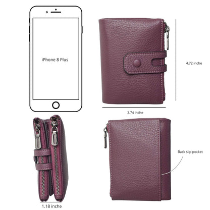 Bveyzi Small Soft Leather Wallet for Women RFID Blocking Ladies Card Holder with Double Zipper Pocket (Deep Plum)