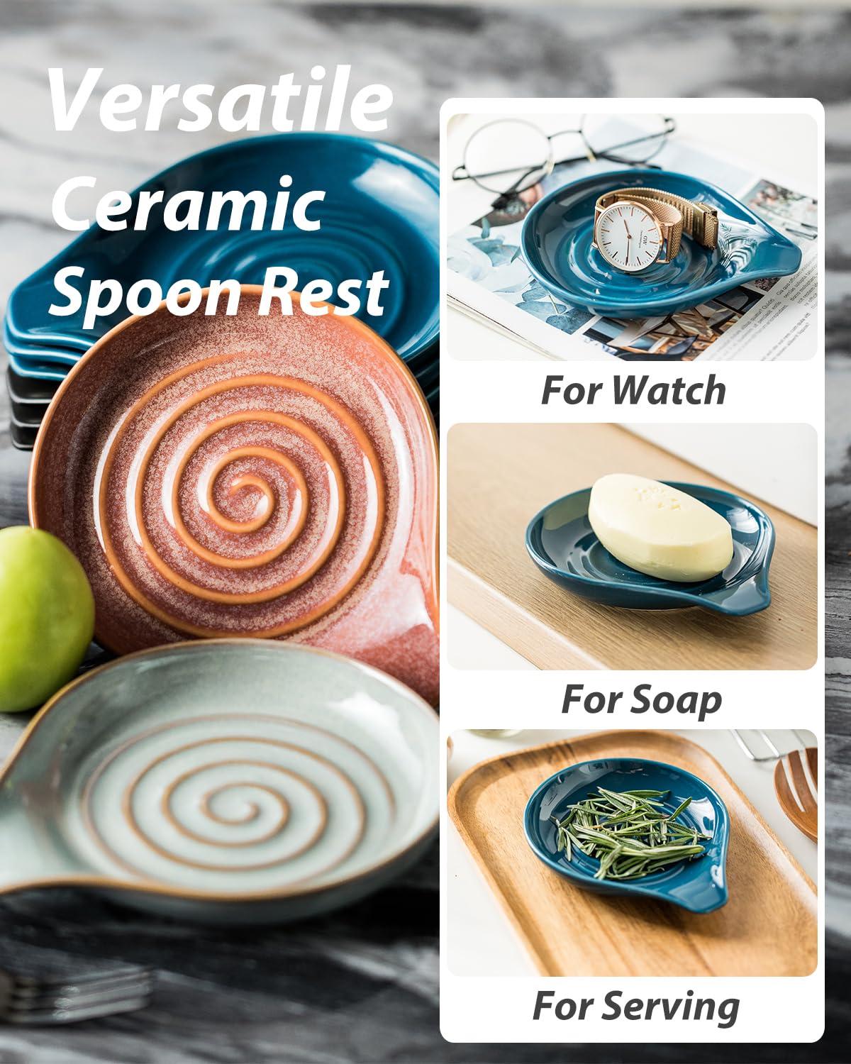 LAUCHUH Spoon Rest, Ceramic Spoon Holder for Stove Top Ladle Holder for Kitchen Countertop Cooking Utensil Rest for Spatula, Tongs, Heat-Resistant Framhouse Decor for Mother's Day, Blue, 5 Inches
