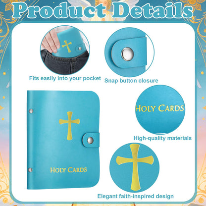 Lerheedi Holy Card Holder Case Faux Leather, up to 40 Prayer Cards with Snap Closure, Portable for Travel, Ideal Religious Gift for Adults, Unisex (Blue)