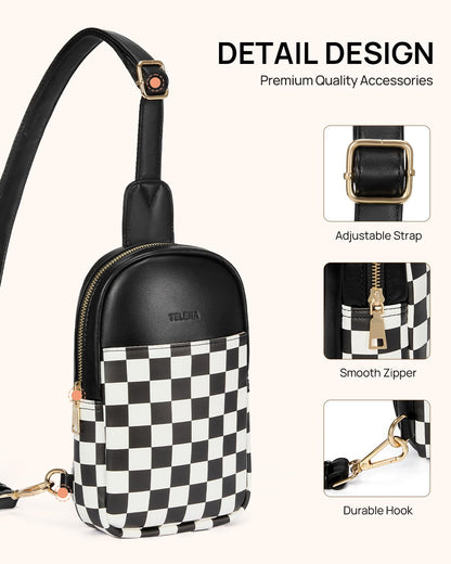 Telena Crossbody Bags for Women Leather Cross Body Sling Bag for Woman Travel Black and White Checkered