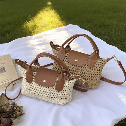 Crochet Crossbody Bags for Women Summer Beach Handbag Small Woven Tote Purse with Leather Top Handle White