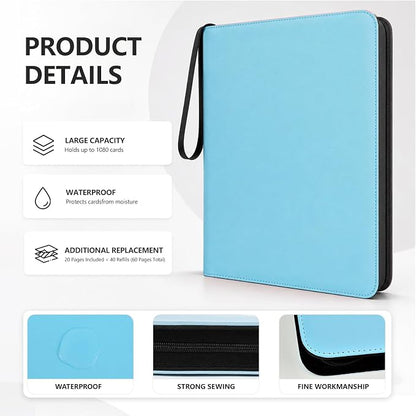 9 Pocket Trading Card Zip Binder - Holds 1080 Cards, 60 Pages Large-Capacity,Double-Sided Removable Sleeves, Suitable for Game Cards/Sports Cards Storage,Light Blue