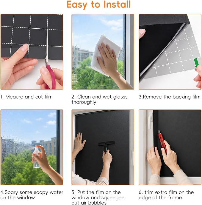Blackout Window Privacy Film, Removable Window Cover Static Cling, Darkening Light Heat Blocking, Window Tint for Home Garage Bedroom Day Sleep, Black 29.5 Inch * 157.4 Inch