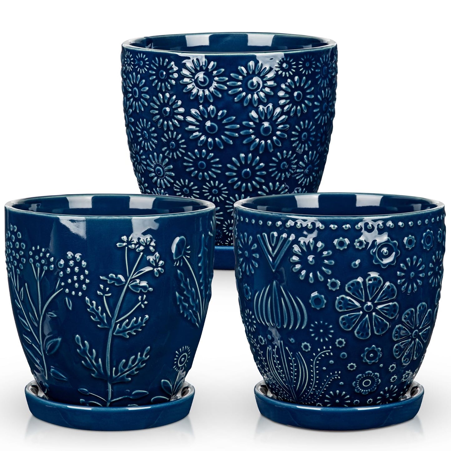 Hollyone Set of 3 Blue Ceramic Planter 6 Inch Flower Plant Pot with Drainage Hole and Saucer for Plants Embossed Indoor Outdoor Garden Embossed Ceramic Glazed Round Pot for Succulent Orchid