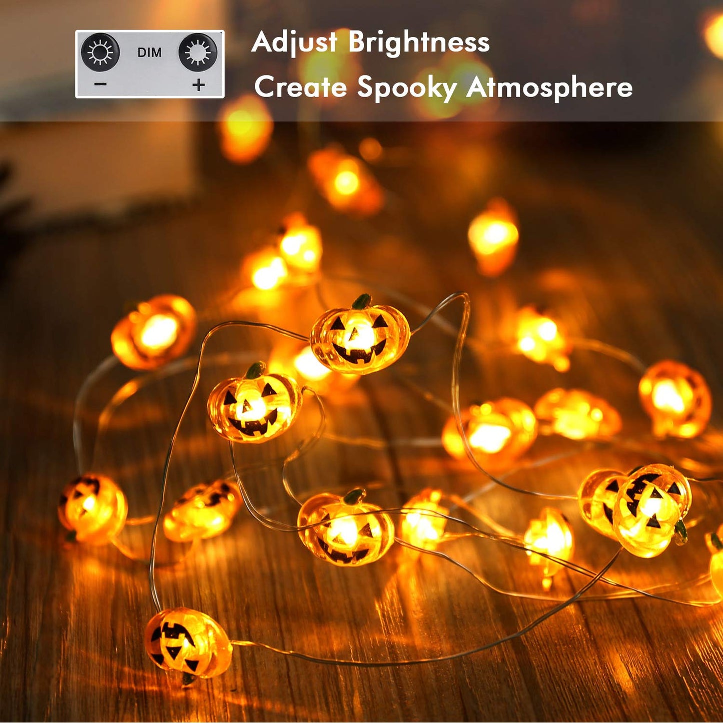 Brizled Pumpkin Halloween String Lights - 40 LED, 13.12ft, 8 Modes with Remote & Timer, Flexible Copper Wire Jack-O-Lantern Lights for Warm White Halloween Party Decorations